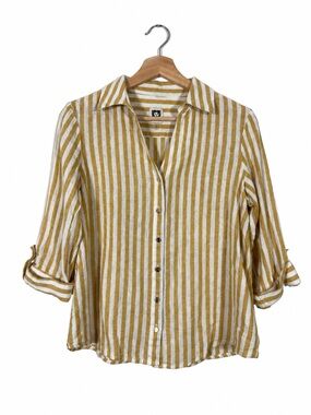 Anne Klein Women's Striped Top Linen Button Down Size PS Yellow Casual Preppy